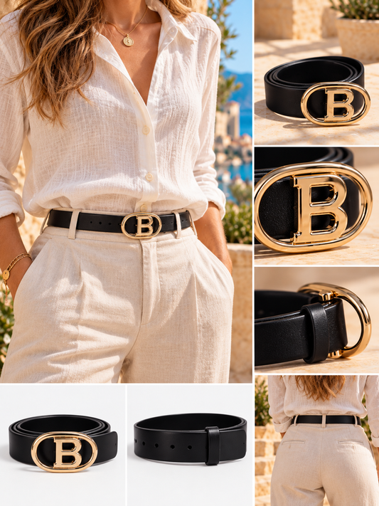 Ceinture noire boucle B dorée – vue portée et détails